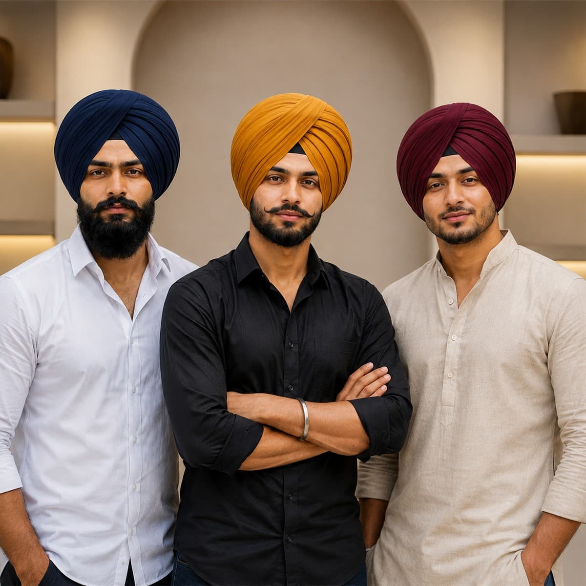 Three men wearing Shaan-e-Sikh turbans tied in royal navy, traditional kesri and akali maroon